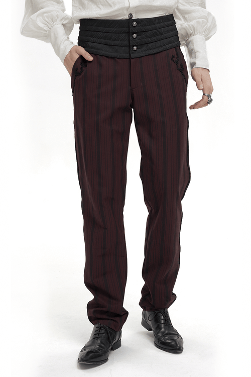 Pantalon taille haute élégant rouge vin rouge / pantalon côtelé gothique pour homme avec ceinture large noire