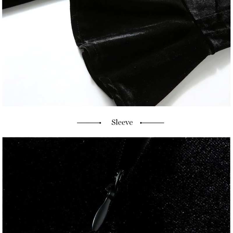 Close-up of the stylish sleeve and zipper detail of an elegant black velvet dress for women.