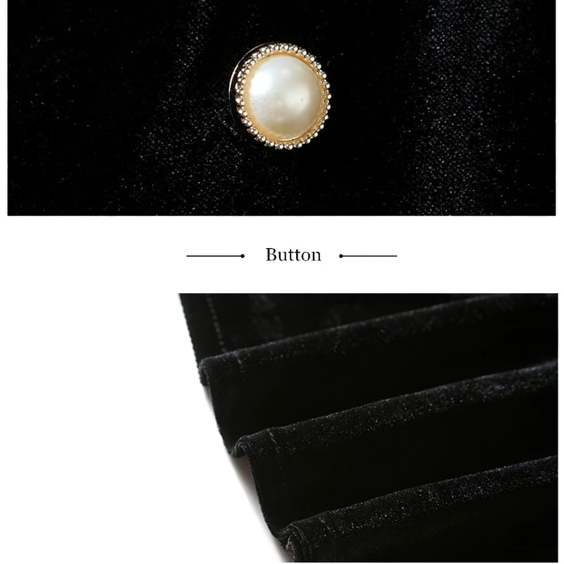 Close-up of elegant pearl button detail on black velvet dress showcasing luxurious texture.