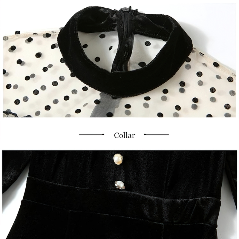 Close-up of an elegant black velvet dress collar with transparent polka dot insert and decorative buttons.