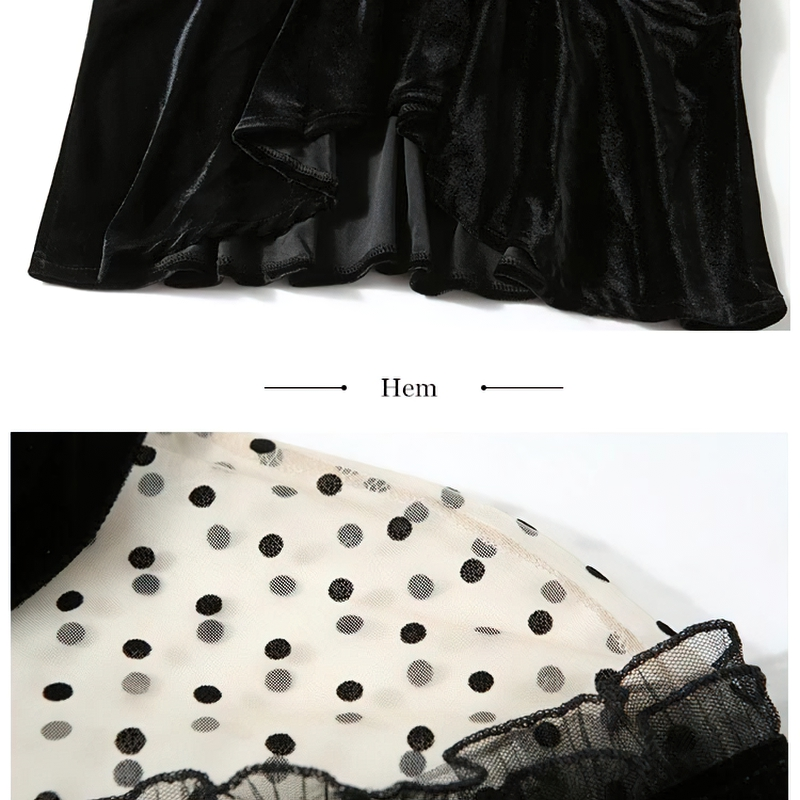 Elegant black velvet dress hem with transparent polka dot detail and lace trim for a chic gothic look.