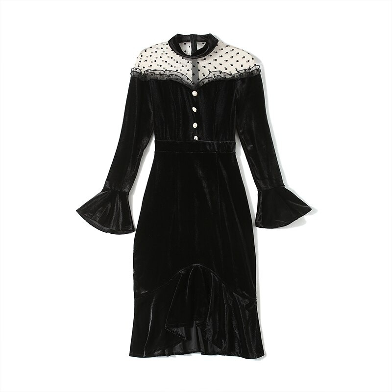 Elegant Women Velvet Dress Long Sleeve / Fashion Black Solid Ladies Dresses - HARD'N'HEAVY