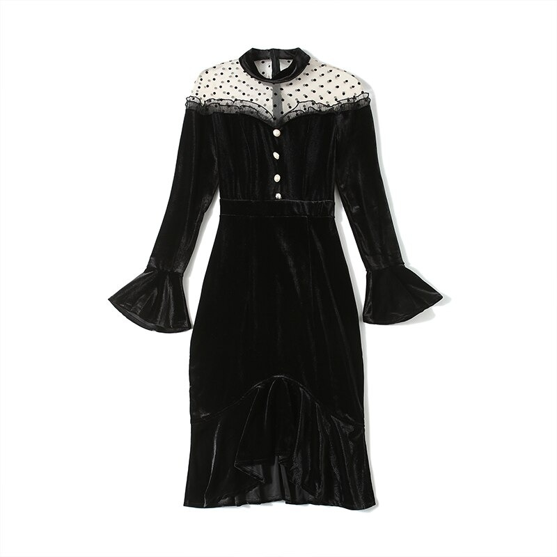 Elegant black velvet dress for women with long sleeves and polka dot transparency details.
