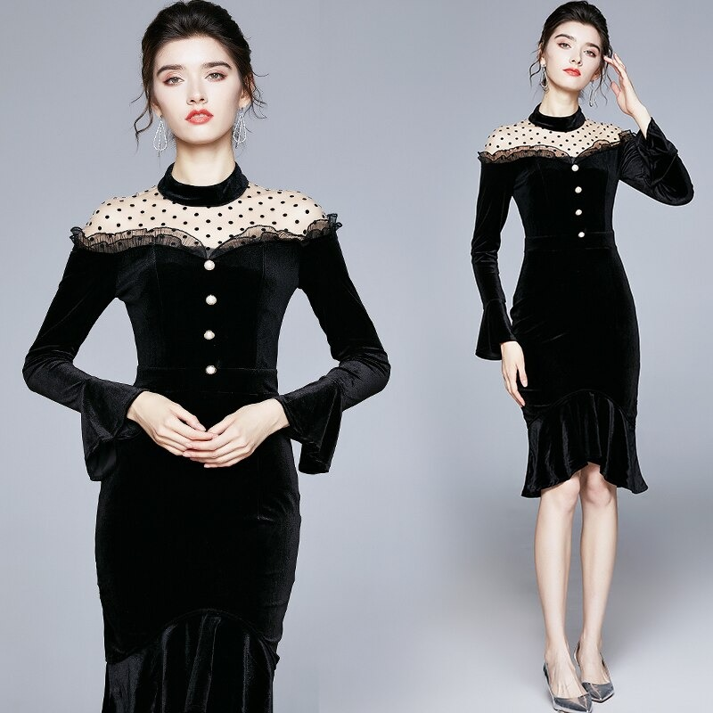 Elegant black velvet dress for women with long sleeves and polka dot mesh details, perfect for gothic style fashion.