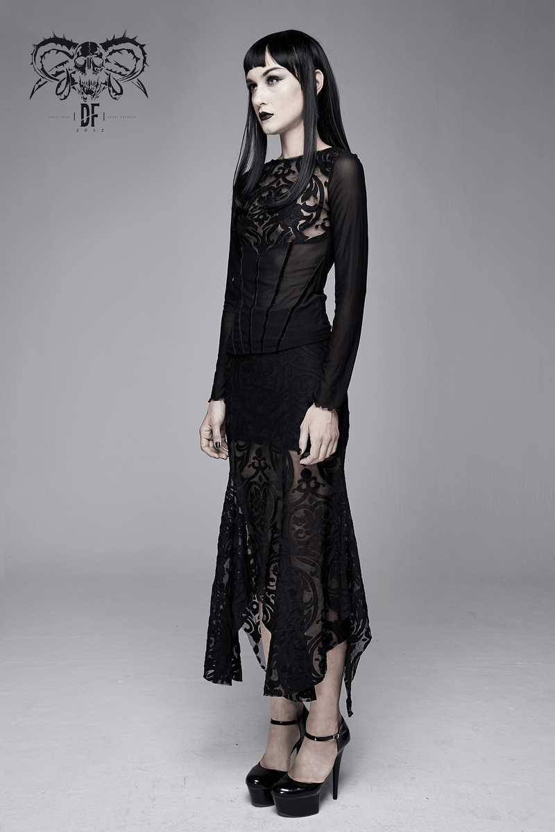 Elegant Women's Black Skirt with Patterns Transparent Ruffles / Gothic Velvet Embossed Skirts - HARD'N'HEAVY