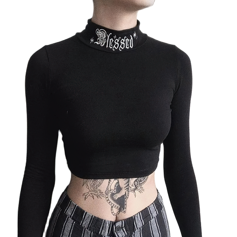 Elegant Women's Crop Top / Gothic Style Black Top / Aesthetic Female Long Sleeve Crop Top - HARD'N'HEAVY