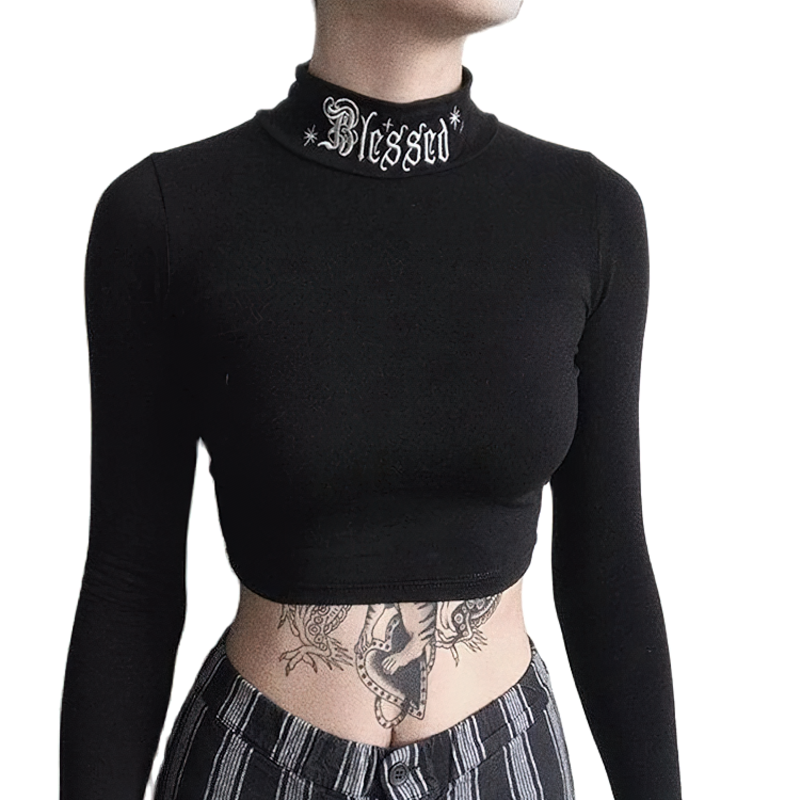Elegant black long sleeve crop top with 'Blessed' neckline, perfect for a gothic aesthetic and casual outfits.