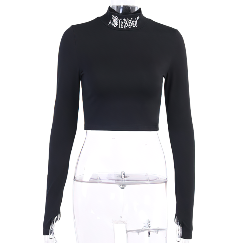 Elegant women's long sleeve black crop top with Gothic style and design, perfect for an aesthetic outfit.