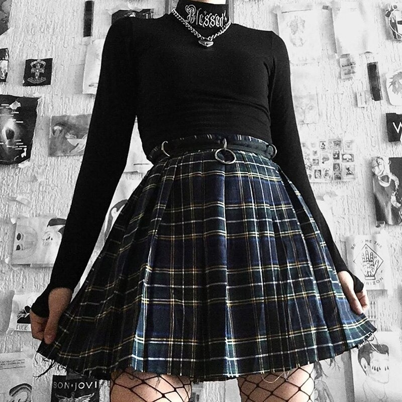 Gothic style women's long sleeve crop top paired with a plaid mini skirt, perfect for an aesthetic casual look.