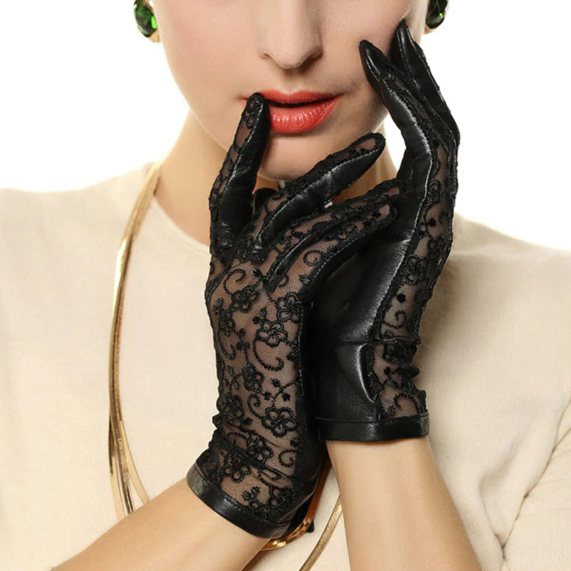 Elegant women's black lace gloves with floral patterns, perfect for vintage style outfits and classy nights out.