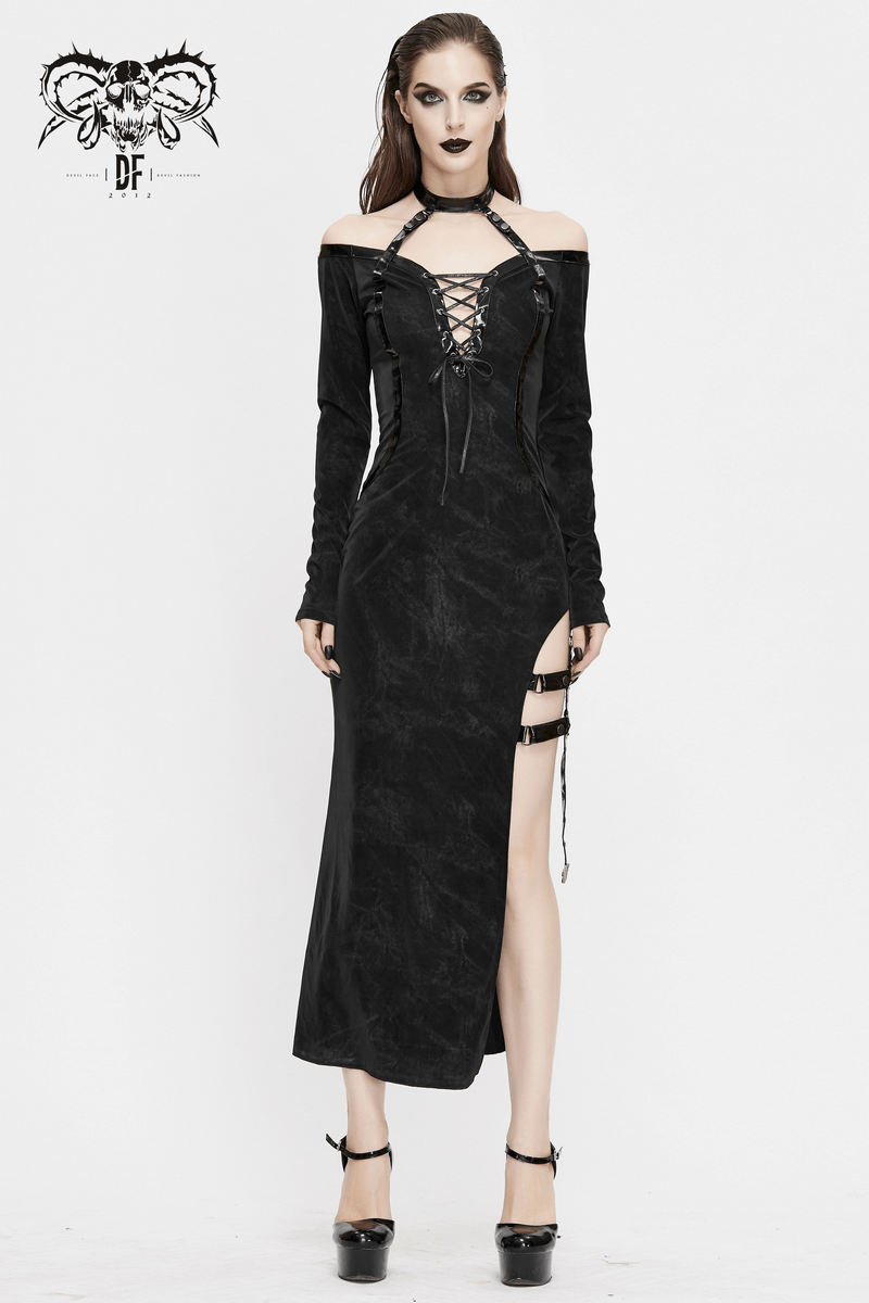 Elegant Women's High Slit Long Dress with Leather Straps / Gothic Style Off-Shoulder Dress - HARD'N'HEAVY
