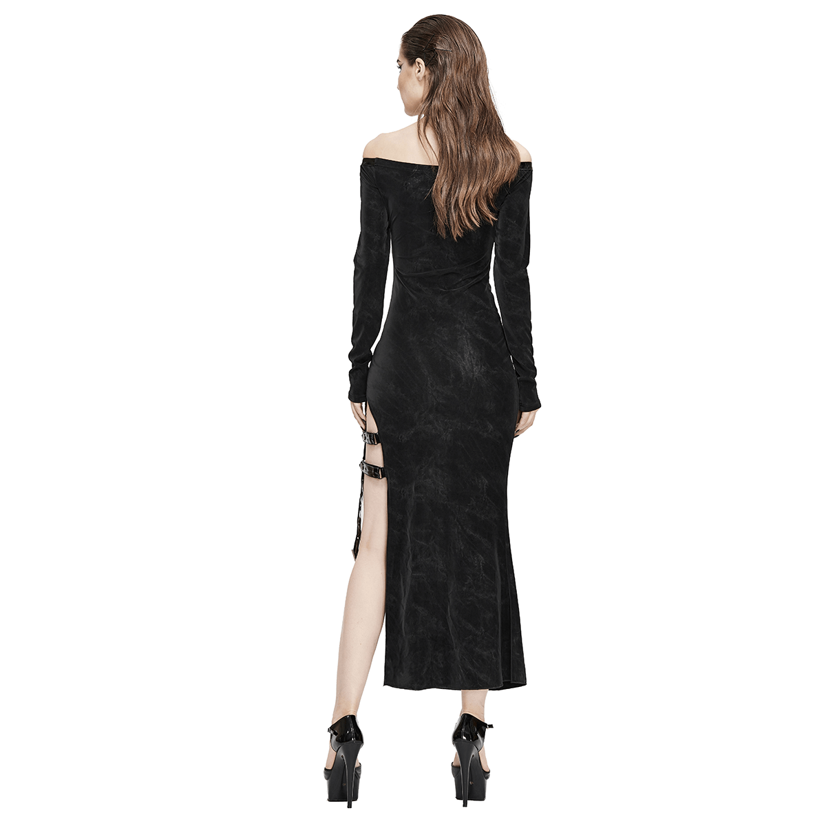Elegant Women's High Slit Long Dress with Leather Straps / Gothic Style Off-Shoulder Dress - HARD'N'HEAVY