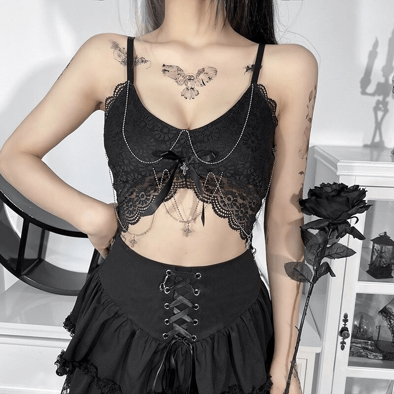 Elegant Women's Lace Camis / Black Gothic Female Camis / Aesthetic Woman's Camis With Crosses - HARD'N'HEAVY