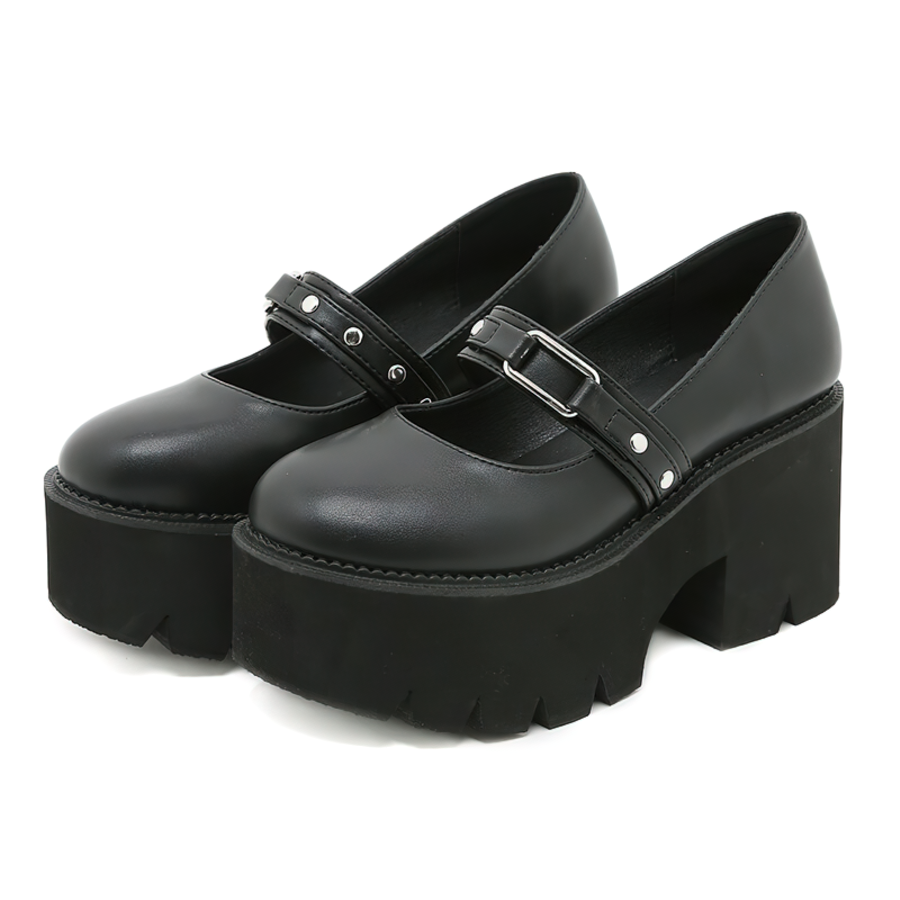 Elegant black PU leather Mary Jane shoes with chunky platform and buckle detailing for a stylish aesthetic look.