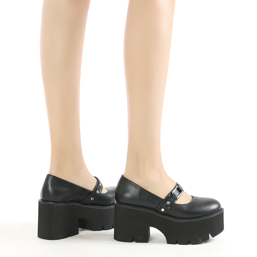 Elegant black PU leather Mary Jane shoes with chunky platform heels, perfect for a stylish aesthetic look.