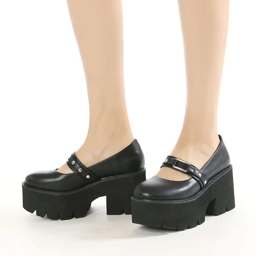 Elegant black PU leather Lolita Mary Jane shoes with chunky platform, perfect for stylish outfits.