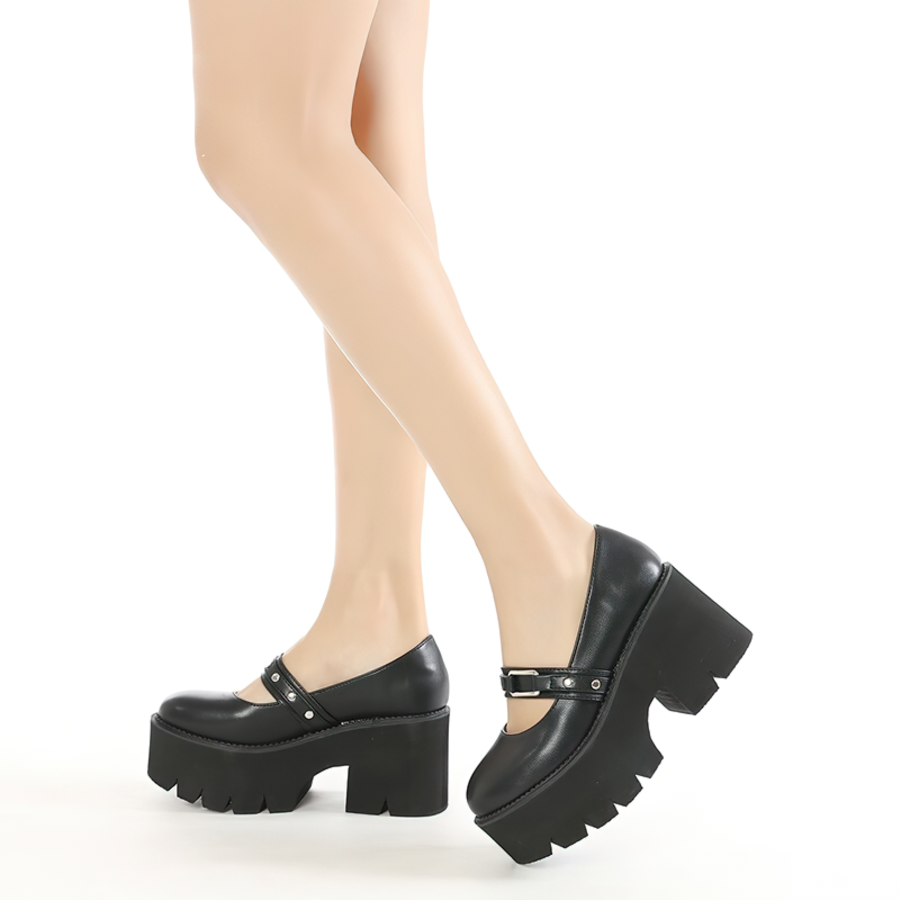 Elegant black PU leather Mary Jane shoes with chunky platform heels, perfect for a chic aesthetic.