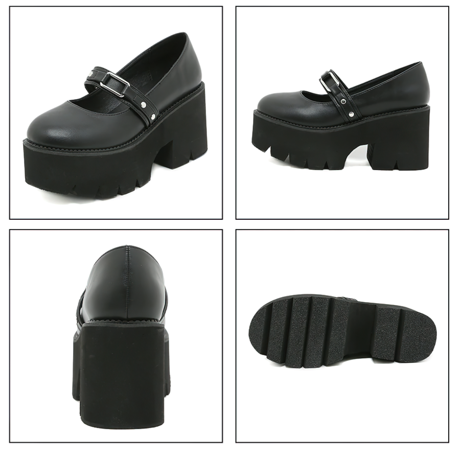 Elegant black PU leather Mary Jane shoes with block heels, showcasing stylish design and grip for women in aesthetic fashion.