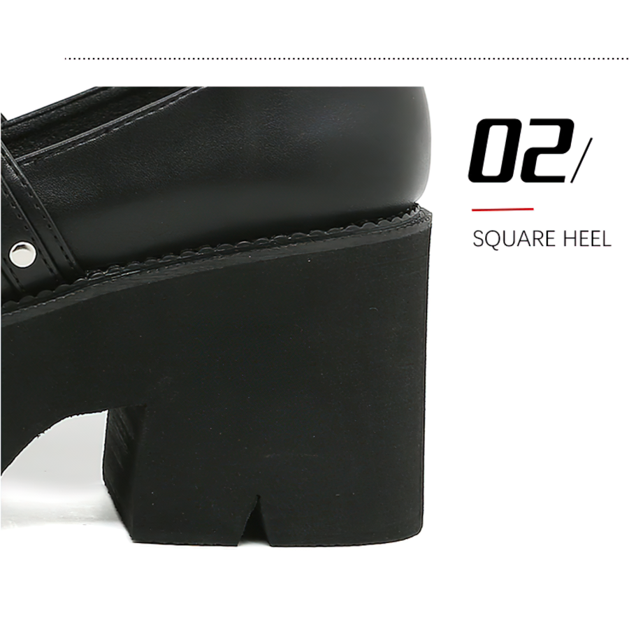 Close-up of elegant black Mary Jane shoes showcasing their stylish square heel design.