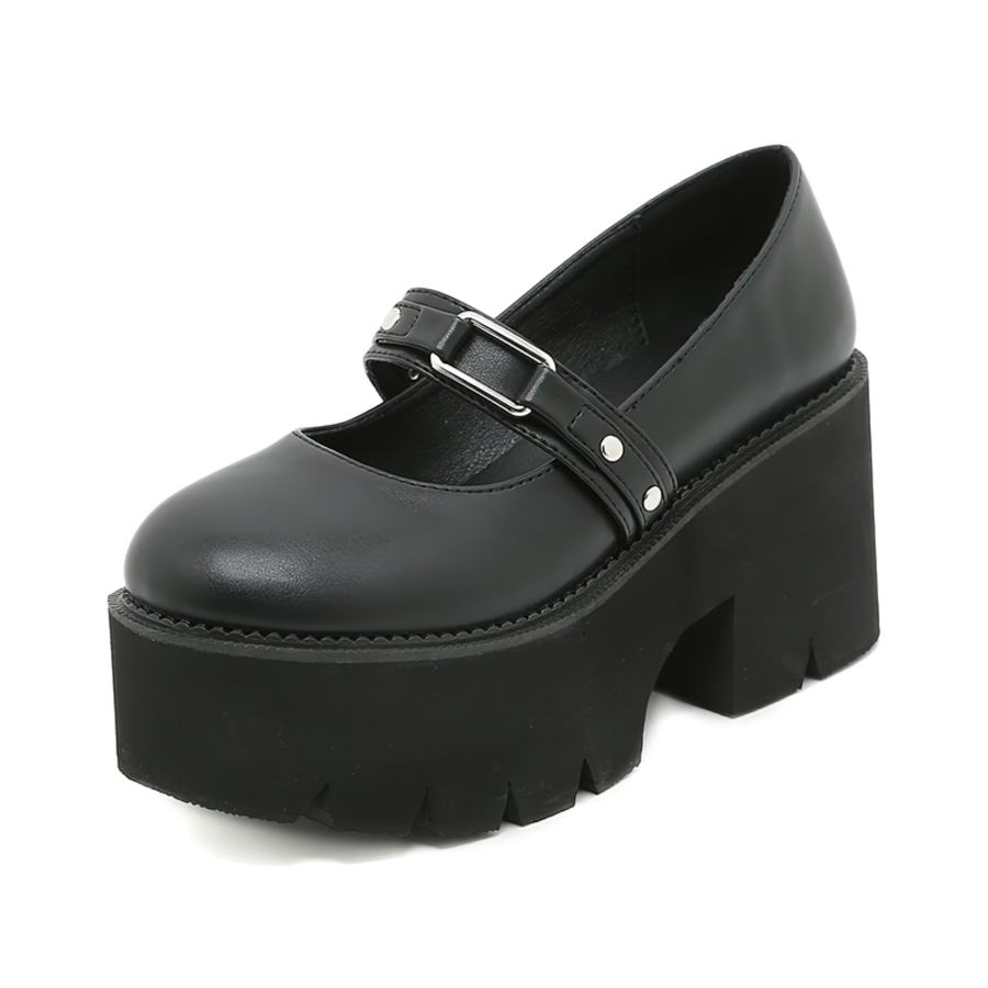 Elegant black PU leather Mary Jane shoes with chunky platform heels and strap detail, perfect for a stylish look.