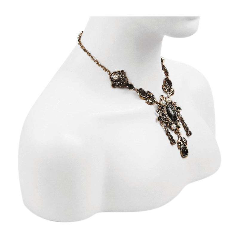 Elegant women's retro necklace featuring pearl and pendant stones in intricate design.