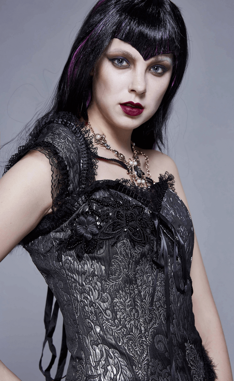 Stylish woman in a black corset with intricate details, showcasing a refined gothic aesthetic and bold makeup.