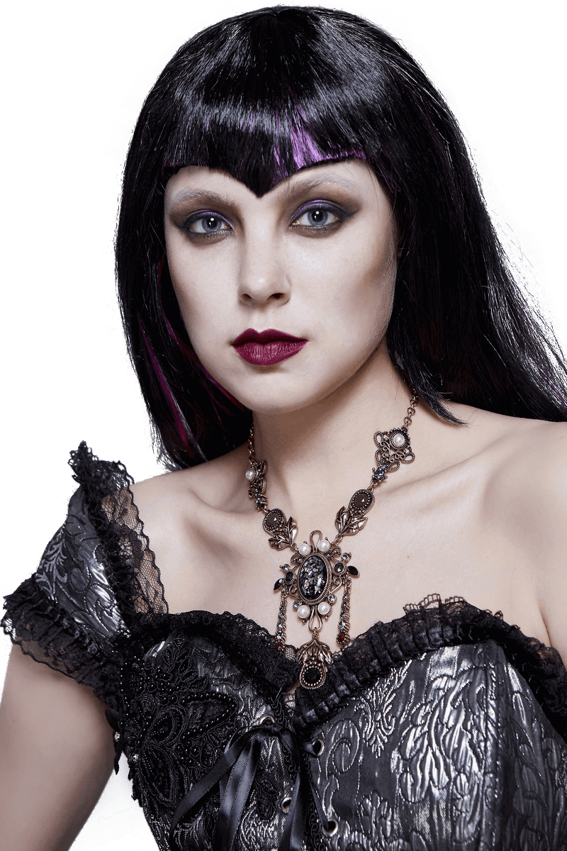 Elegant woman in a vintage dress showcasing a retro pendant necklace with intricate details.