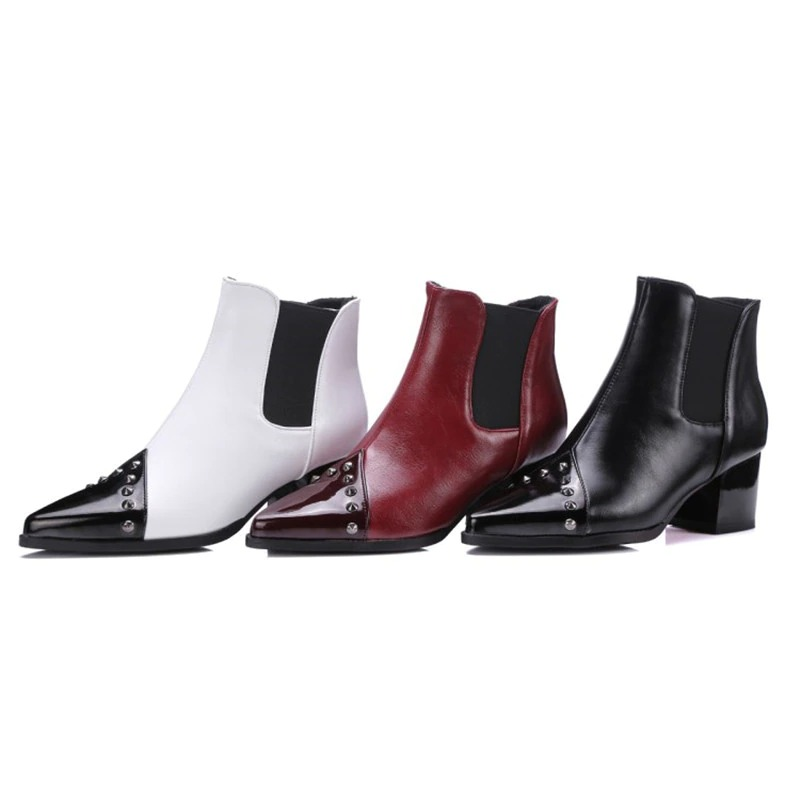 Elegant women's pointed thick ankle boots in white, burgundy, and black with spikes for a stylish casual look.