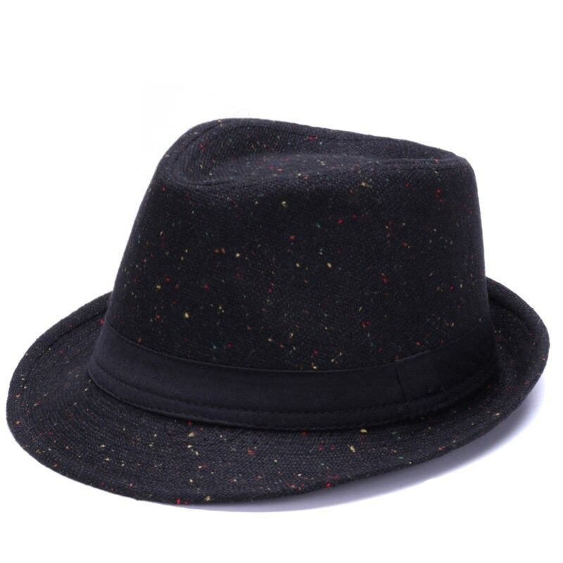 Elegant woolen fedora hat with a black ribbon band and speckled texture, perfect for a retro gentleman's style.