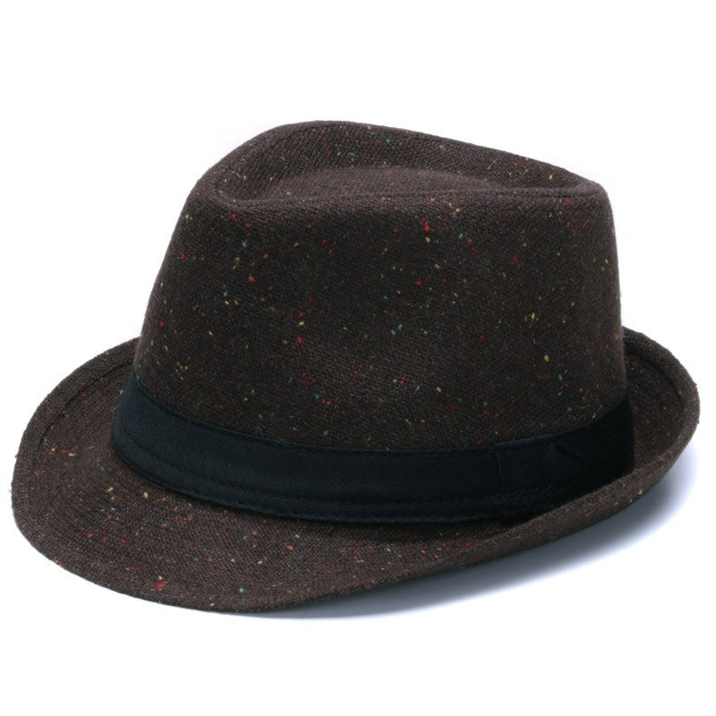 Elegant brown woolen fedora hat with black ribbon band, perfect accessory for stylish looks.