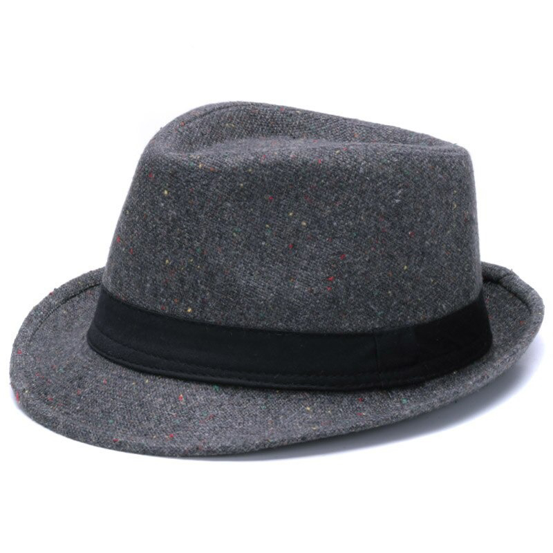 Elegant gray woolen fedora hat with black ribbon band, perfect accessory for a retro gentleman look.