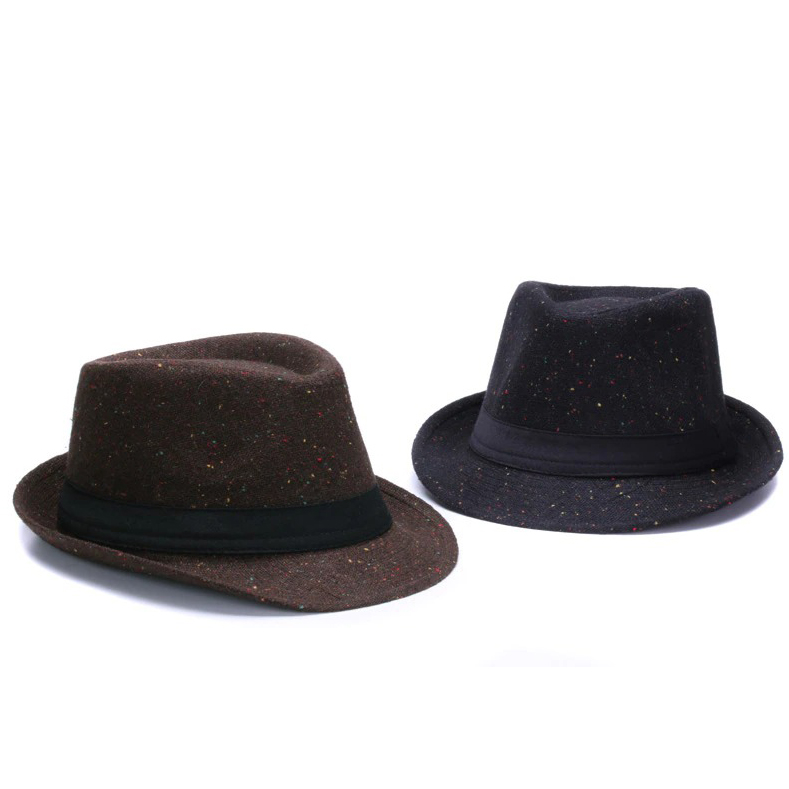 Elegant woolen fedora hats in brown and black, featuring stylish ribbon bands for a retro gentleman look.