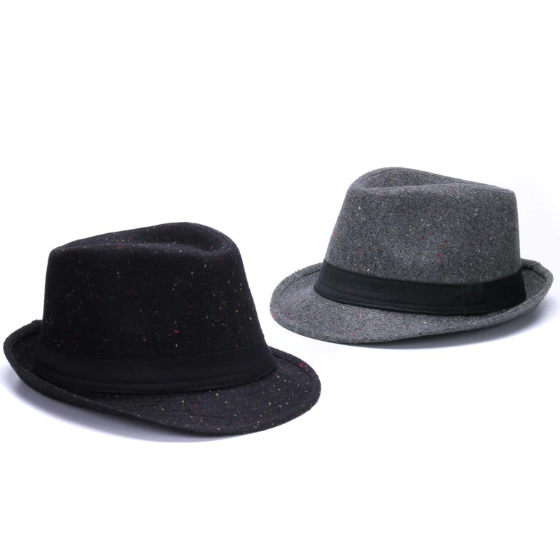 Elegant woolen fedoras in black and gray, featuring ribbon bands, perfect for adding style to any outfit.