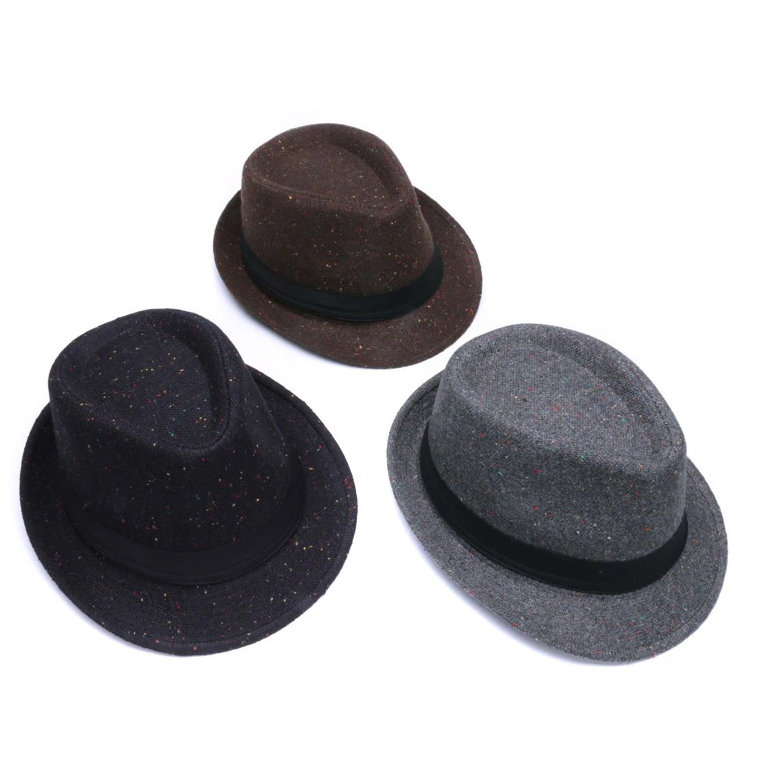 Elegant woolen fedoras with ribbon bands in black, brown, and gray, perfect for a stylish, retro look.