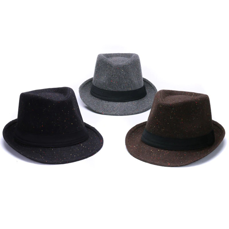 Elegant woolen fedora hats in black, grey, and brown with ribbon bands for a classy, retro look.