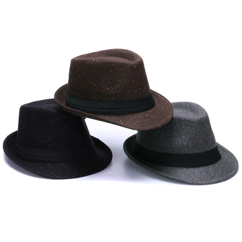 Elegant woolen fedora hats in black, gray, and brown with ribbon bands, perfect for a classy retro look.