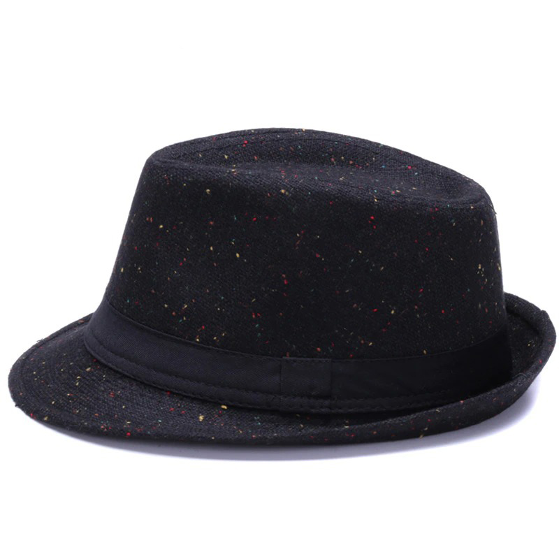 Elegant black woolen fedora hat with colorful speckles and a black ribbon band, perfect for a retro style.