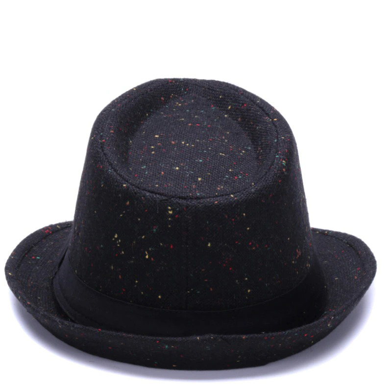Elegant black woolen fedora hat with colorful specks and a stylish ribbon band.