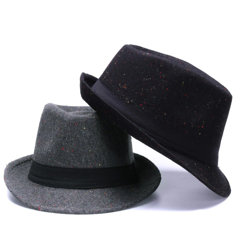 Elegant woolen fedora hats in black and gray, featuring stylish ribbon bands and a retro design.
