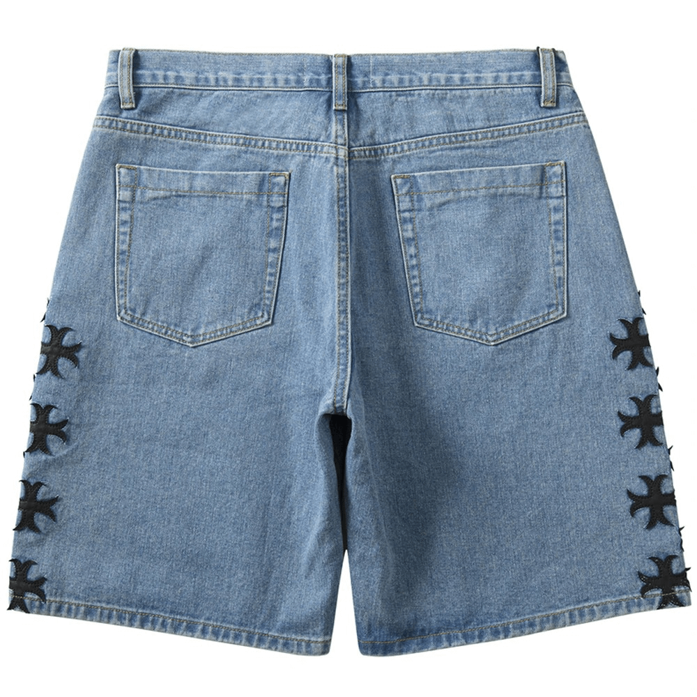 Embroidered Pattern on Sides Denim Shorts for Men / Oversized Casual Male Shorts