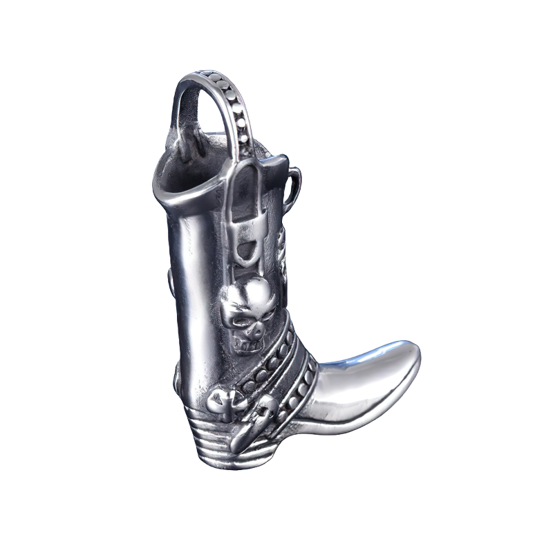 Engraved skull boot pendant necklace in shiny stainless steel, perfect for rock and punk style outfits.