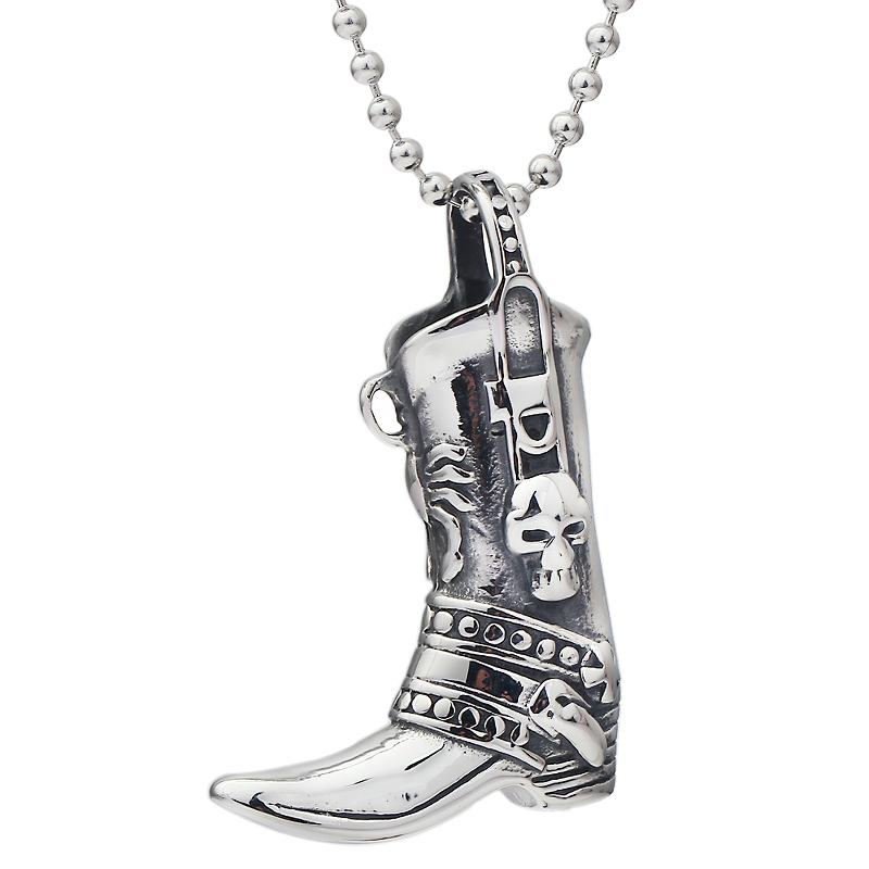 Engraved skull boot pendant necklace in stainless steel, perfect for punk and rock style outfits.