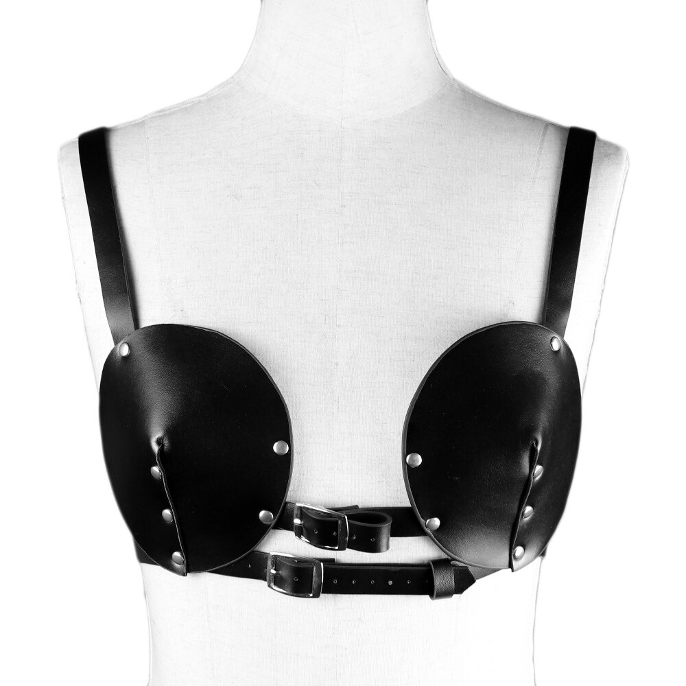 Gothic PU leather women's BDSM body bra with silver rivets and adjustable straps for a bold look.