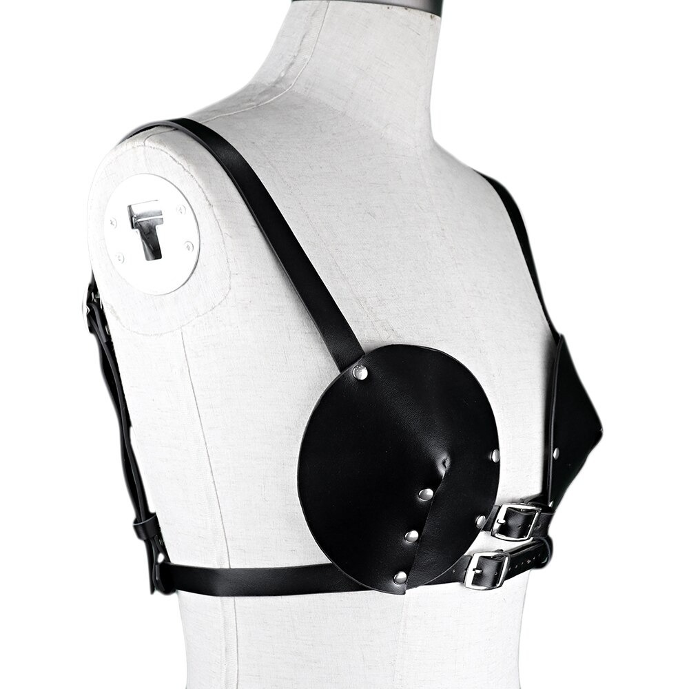 Stylish gothic PU leather BDSM body bra with silver rivets and adjustable straps on a mannequin.