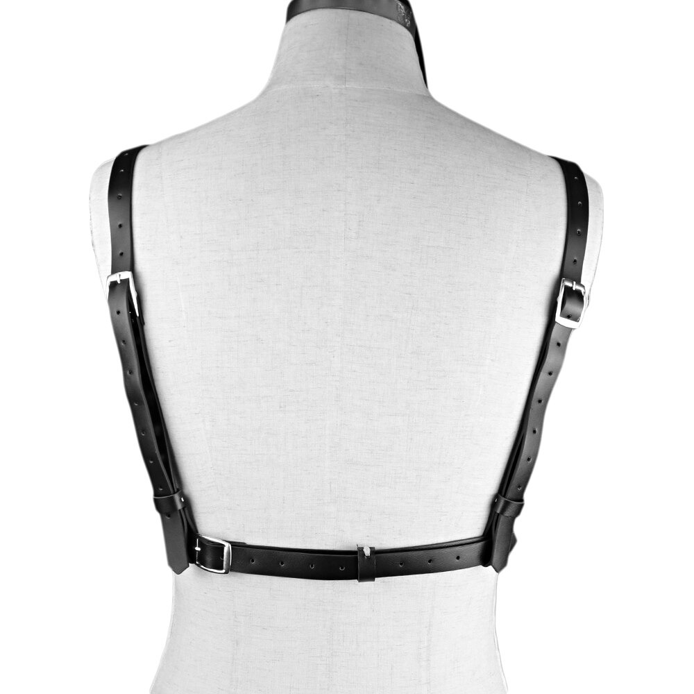 Back view of a stylish black PU leather harness bra with adjustable straps and silver rivets, perfect for gothic fashion.