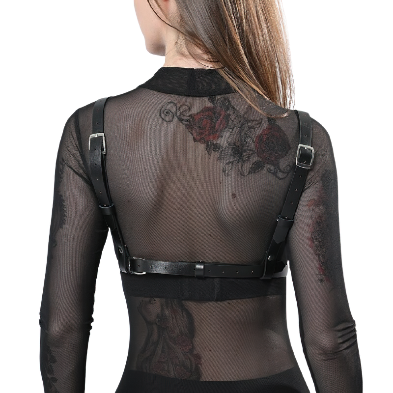 Stylish women's BDSM body bra featuring gothic design and PU leather straps, paired with a sheer black top.