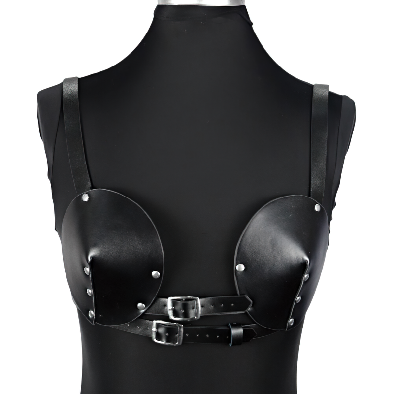 Gothic PU leather women's BDSM body bra with silver rivets and adjustable straps for a sexy, edgy look.