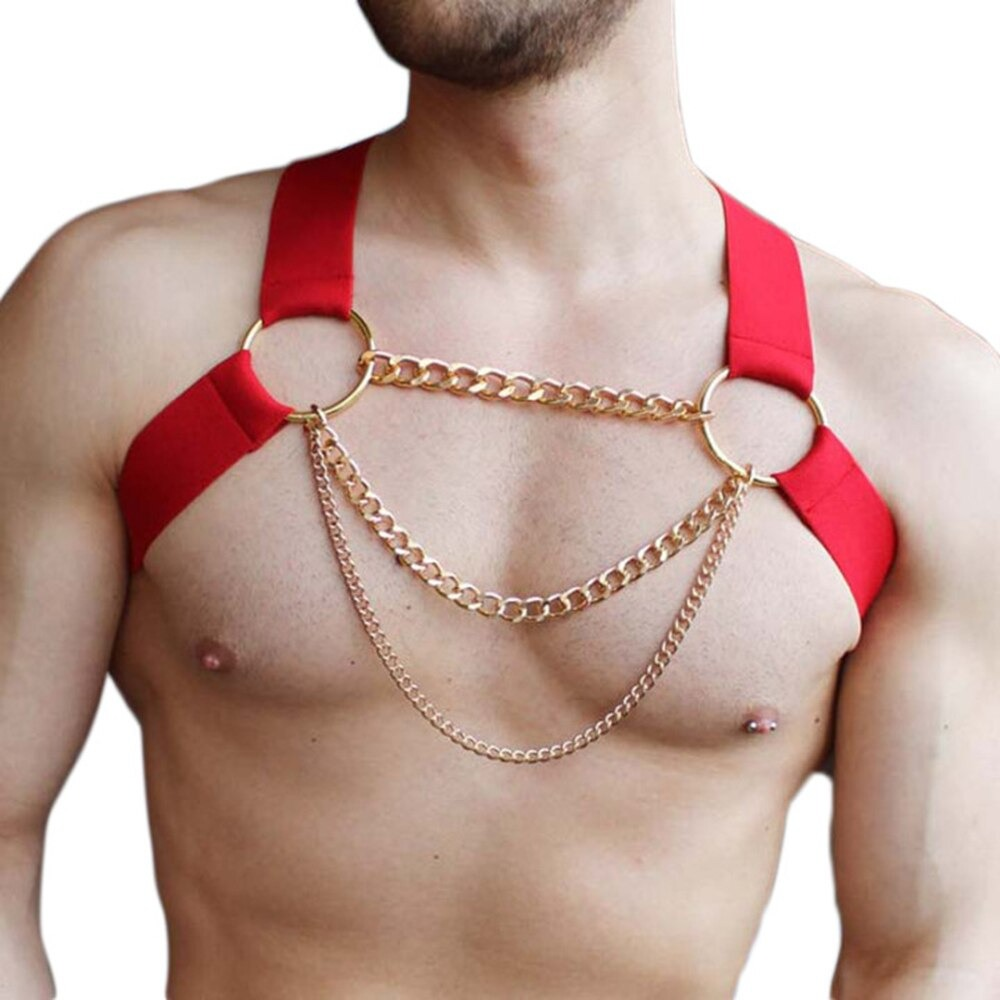 Red erotic men's chest harness with chain, showcasing punk style body accessory for a bold look.