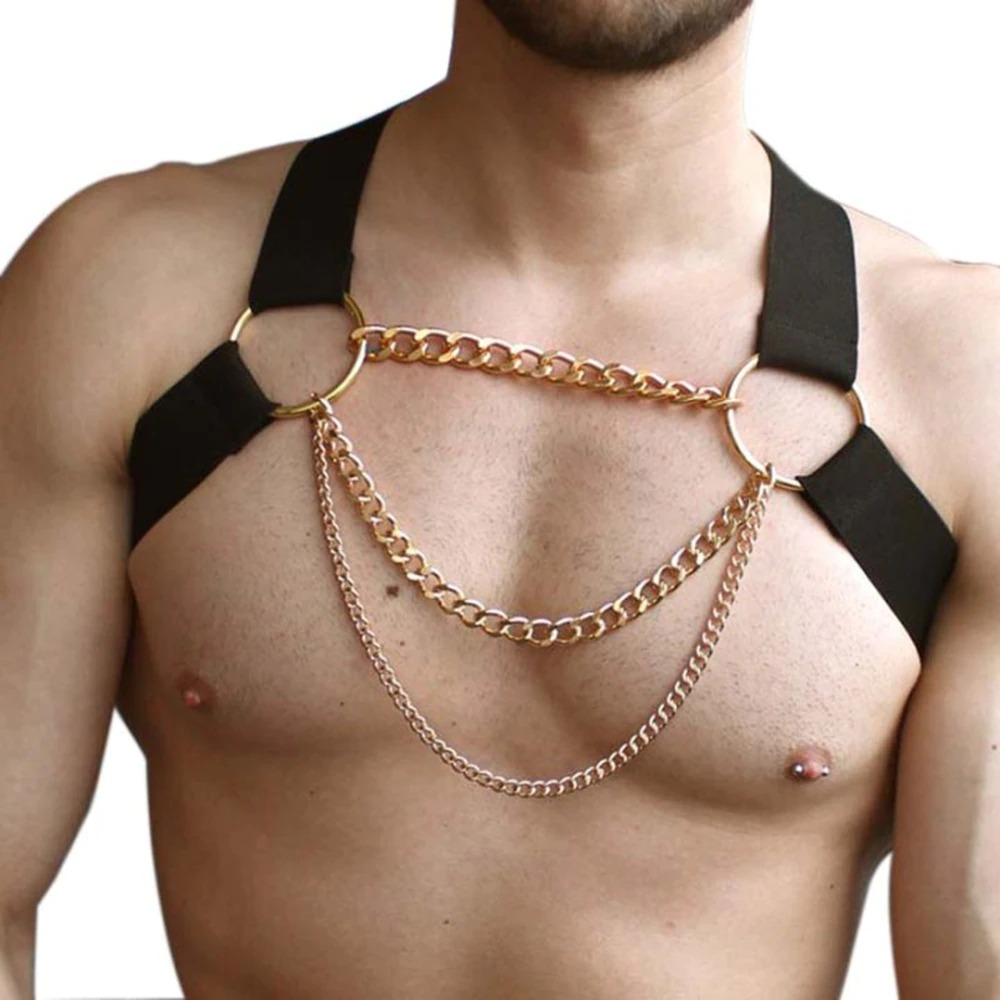 Men's erotic chest harness with chains in punk style, showcasing quality materials and edgy design.