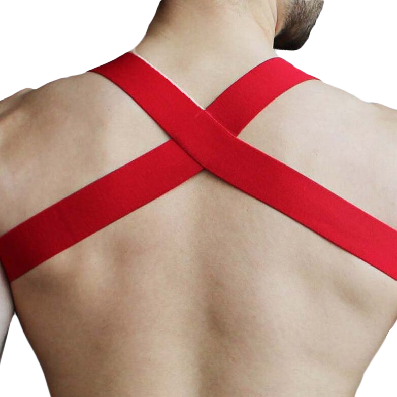 Red men's chest harness with crisscross straps displaying a punk style design.